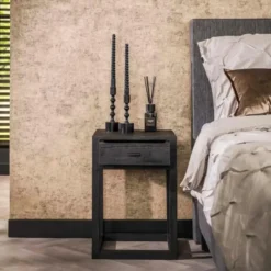 Hoyz Collection - Nachtkastje 1L Black Square - Massief Acacia Zwart
