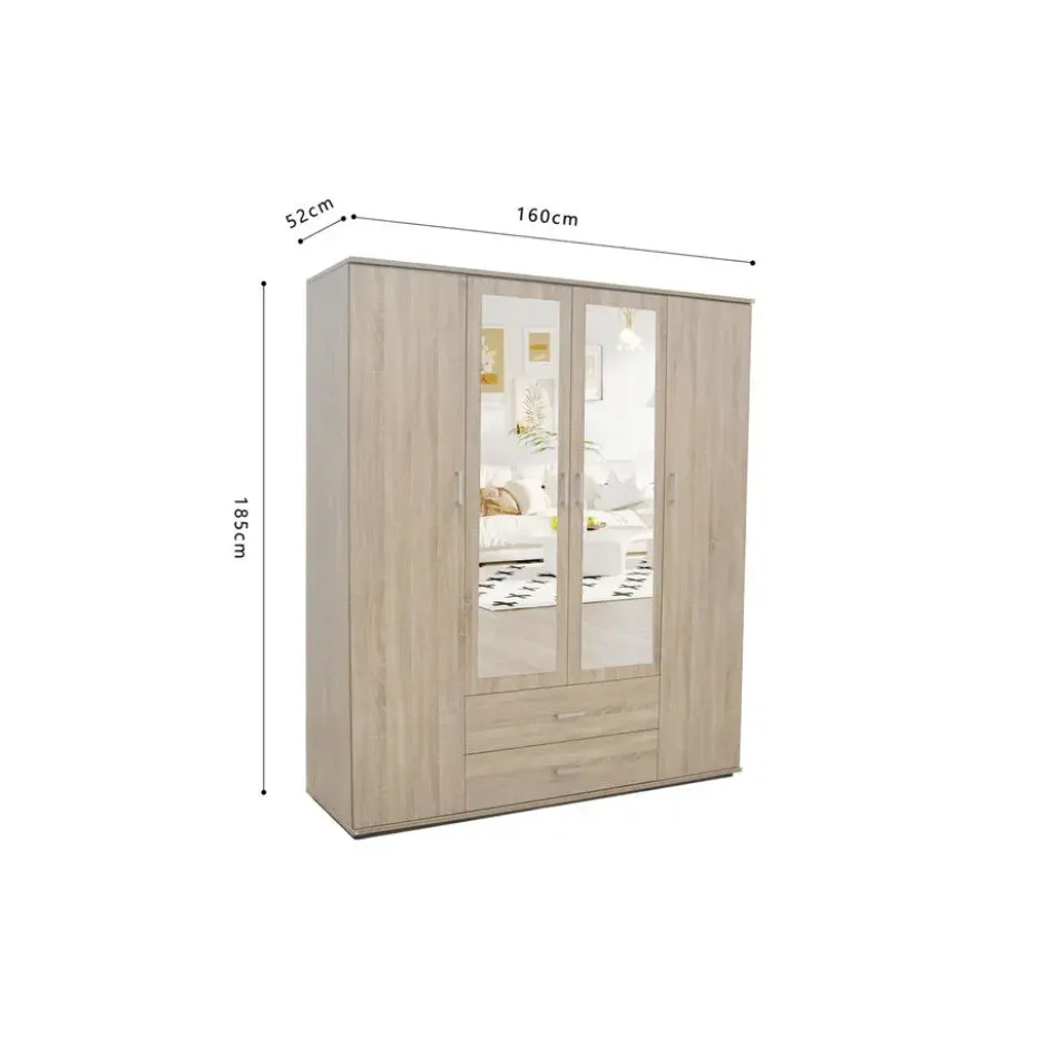 Interiax Kledingkast 'Lena' - Sonoma Eik - 4 Deurs - 185x160x52cm