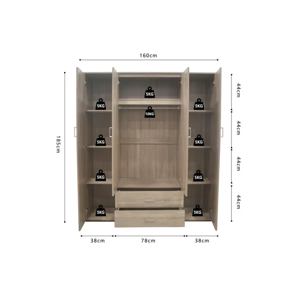 Interiax Kledingkast 'Lena' - Sonoma Eik - 4 Deurs - 185x160x52cm