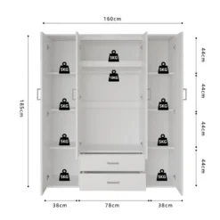 Interiax Kledingkast 'Lena' - Sonoma Eik - 4 Deurs - 185x160x52cm