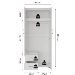 Interiax Kledingkast 'Lena' - Wit - 2 Deurs - 185x80x52cm