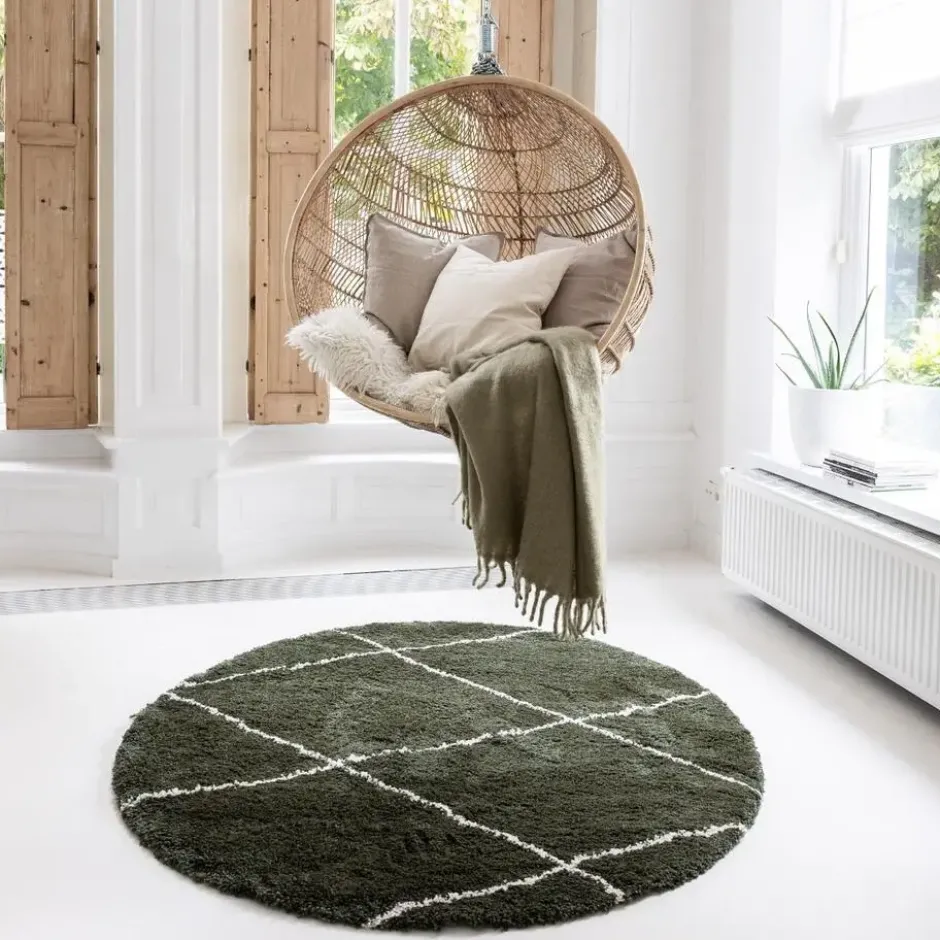 Interieur05 rond berber vloerkleed Nea groen/cream - 160 x 160 cm