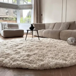 Interieur05 rond hoogpolig vloerkleed polyester Pilo ivoor/wit - 120 x 120 cm