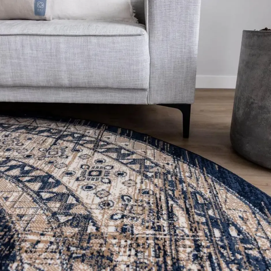 Interieur05 rond vintage vloerkleed Aila blauw - 160 x 160 cm