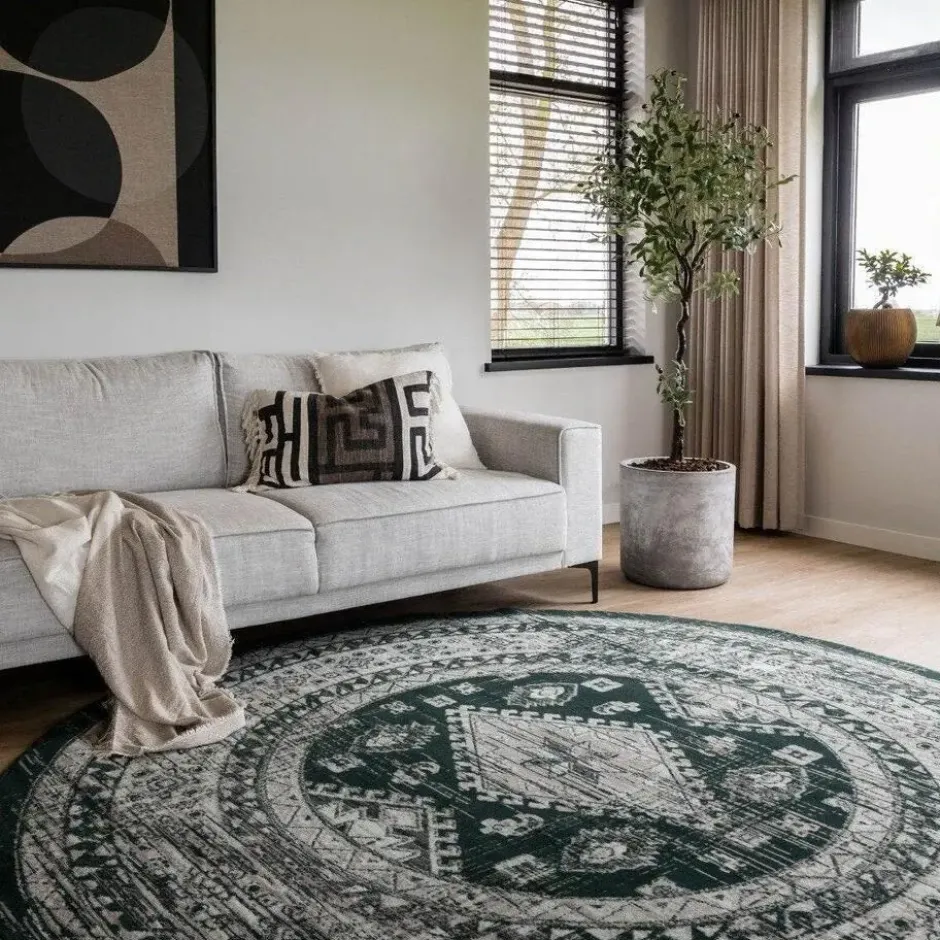 Interieur05 rond vintage vloerkleed Aila groen - 160 x 160 cm