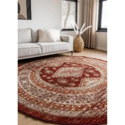 Interieur05 rond vintage vloerkleed Aila rood/oranje - 160 x 160 cm