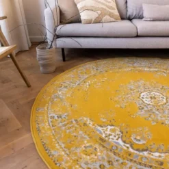 Interieur05 rond vloerkleed Keshan geel - 160 x 160 cm
