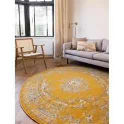 Interieur05 rond vloerkleed Keshan geel - 160 x 160 cm