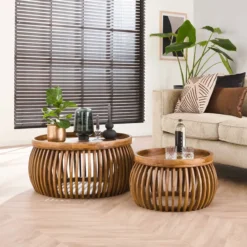 Kalfort Salontafel Namra Curved set van 2 mangohout zandkleur 80x80x40cm