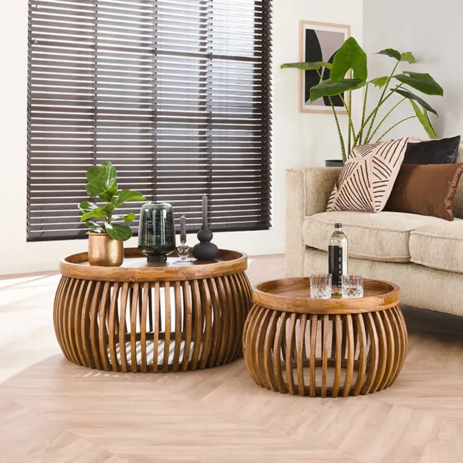 Kalfort Salontafel Namra Curved set van 2 mangohout zandkleur 80x80x40cm