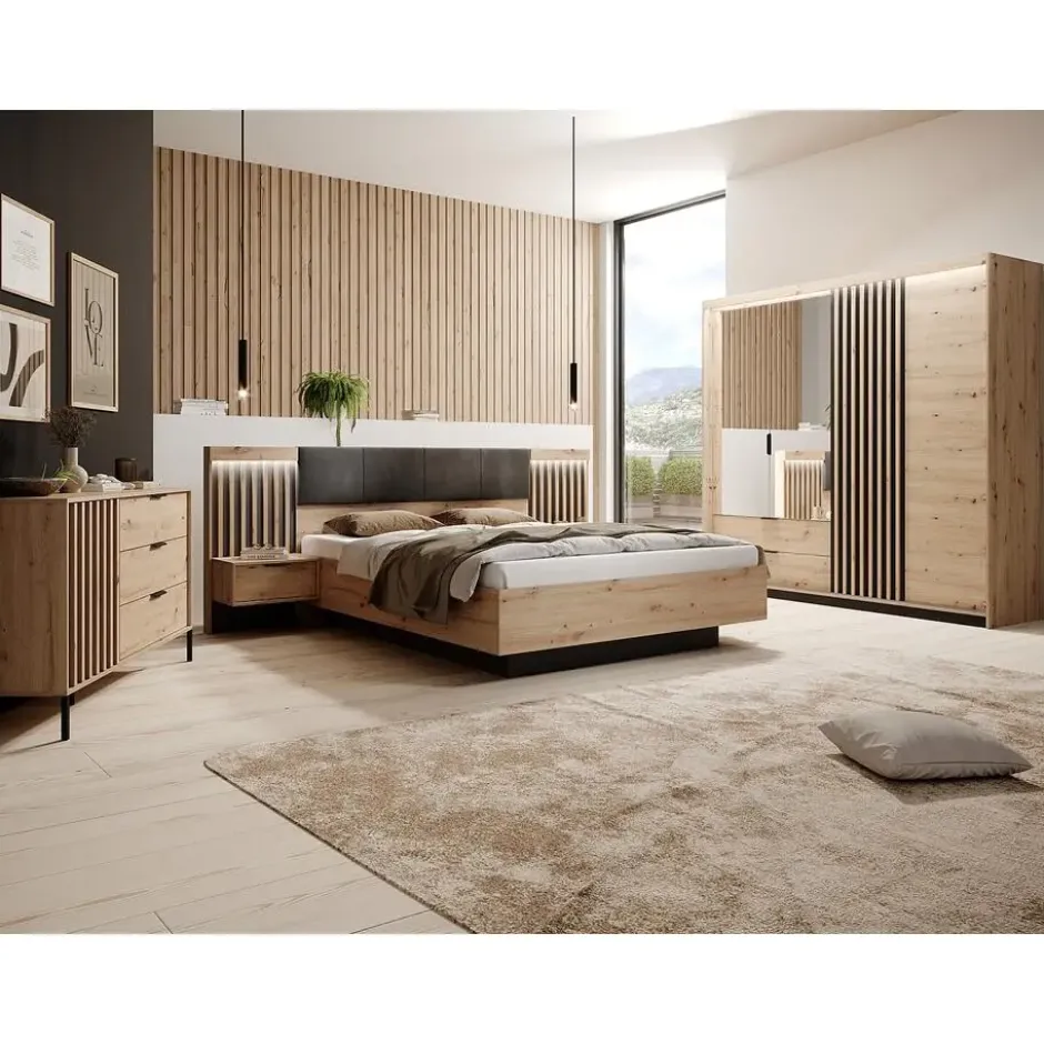 Kast ARIADA - 220 cmx60 cmx210.4 cm - Zwart Natuurlijk licht Hout paneel