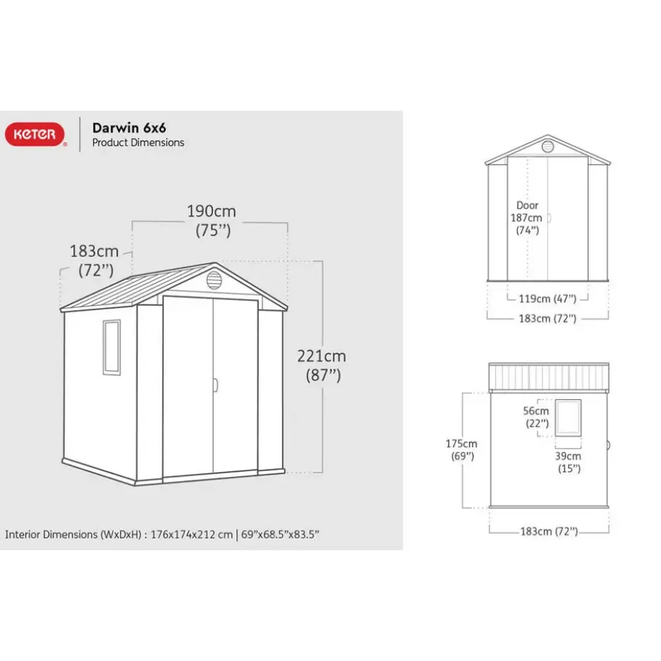 Keter Darwin 66 Tuinhuis - dubbele deuren + ramen - 190x183x221 cm - Grijs