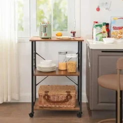 Keukentrolley - 3 niveaus - 6 haken - 60x89x40 cm - vintage bruin