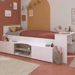 Kinderbed Clio 90x200 met opbergruimte en bureau - wit/eikdecor