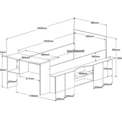 Kinderbed Clio 90x200 met opbergruimte en bureau - wit/eikdecor