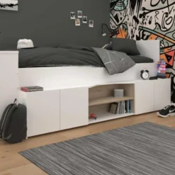 Kinderbed Clio 90x200 met opbergruimte en bureau - wit/eikdecor