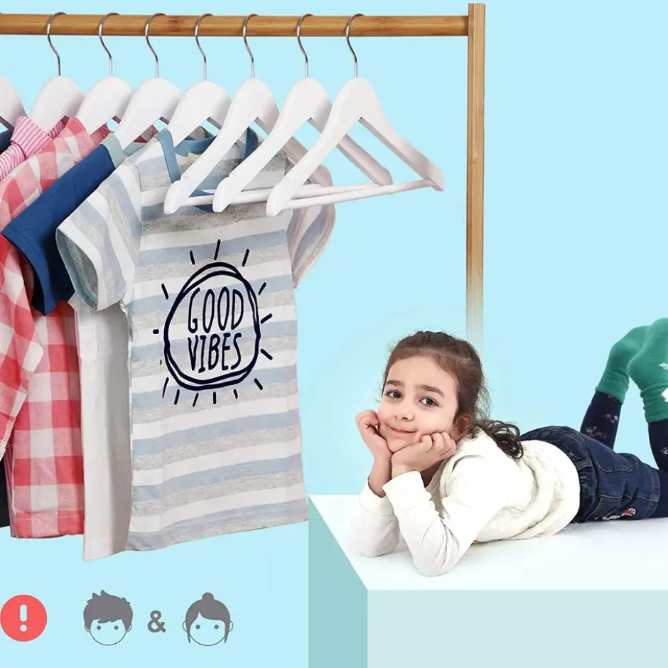Kinder Kledinghangers in Hout - 20 Stuks voor Kleuters - 360° Haak - Wit