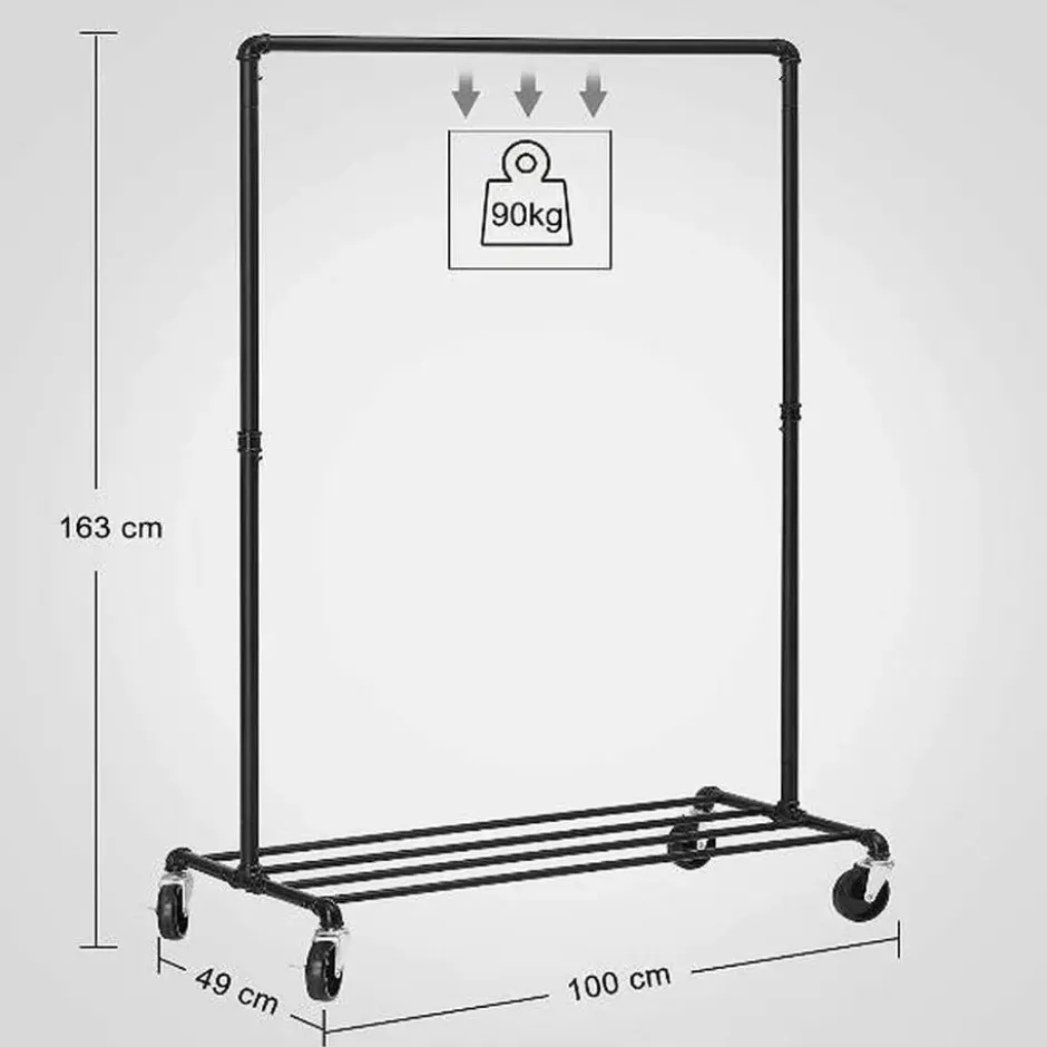 Kledingrek op wieltjes - Kledingrek metaal - Zwart - 163x49x100