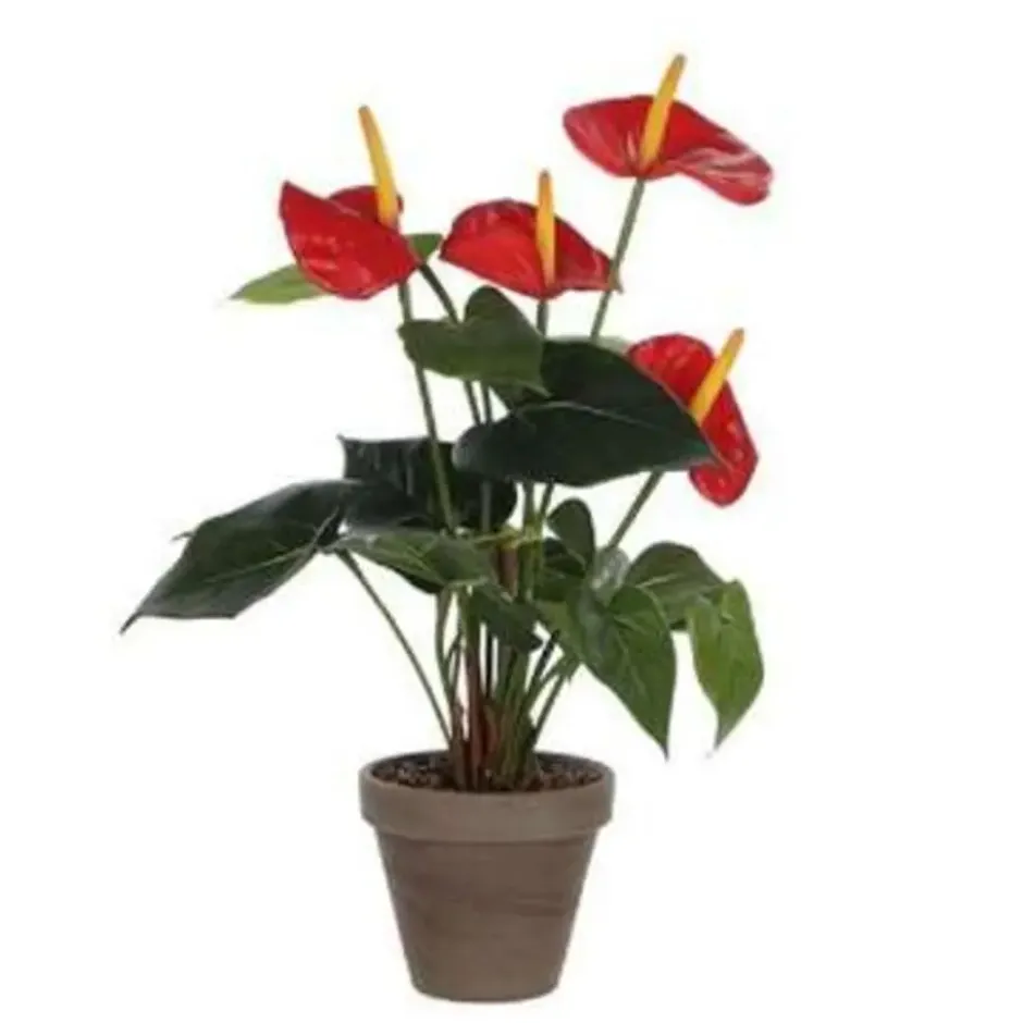 Kunstplant Anthurium - rood - in grijze pot - 40 cm