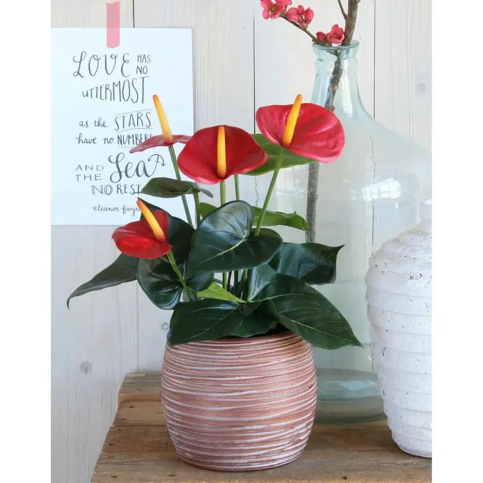 Kunstplant Anthurium - rood - in grijze pot - 40 cm