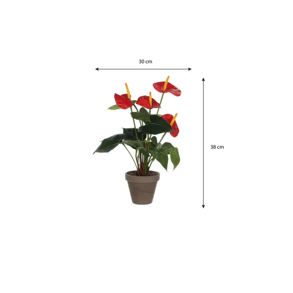 Kunstplant Anthurium - rood - in grijze pot - 40 cm