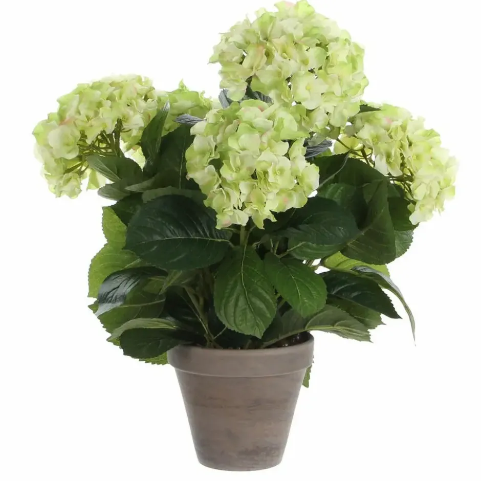 Kunstplant hortensia - lichtgroen - in grijze pot - Hydrangea - 45 cm