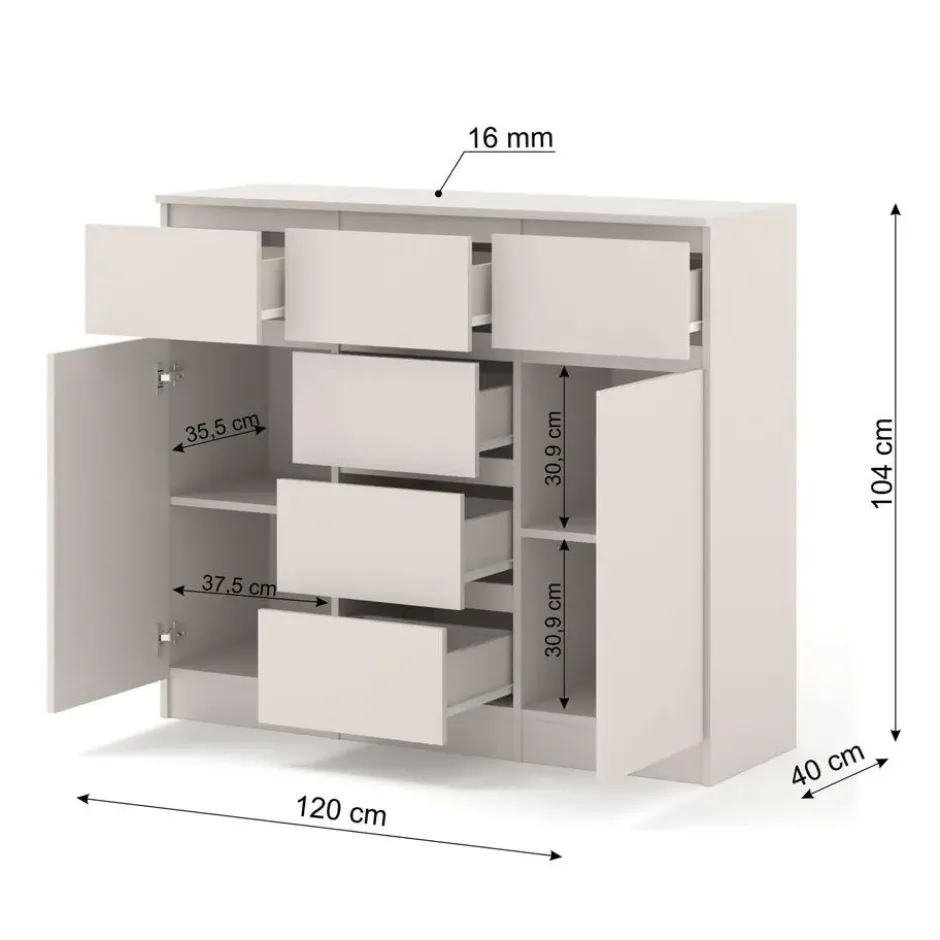 Ladekast Maja kasjmier mat 120 cm – 2 deuren, 6 lades, modern design