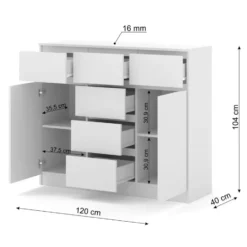 Ladekast Maja wit mat 120 cm – 2 deuren, 6 lades, modern design