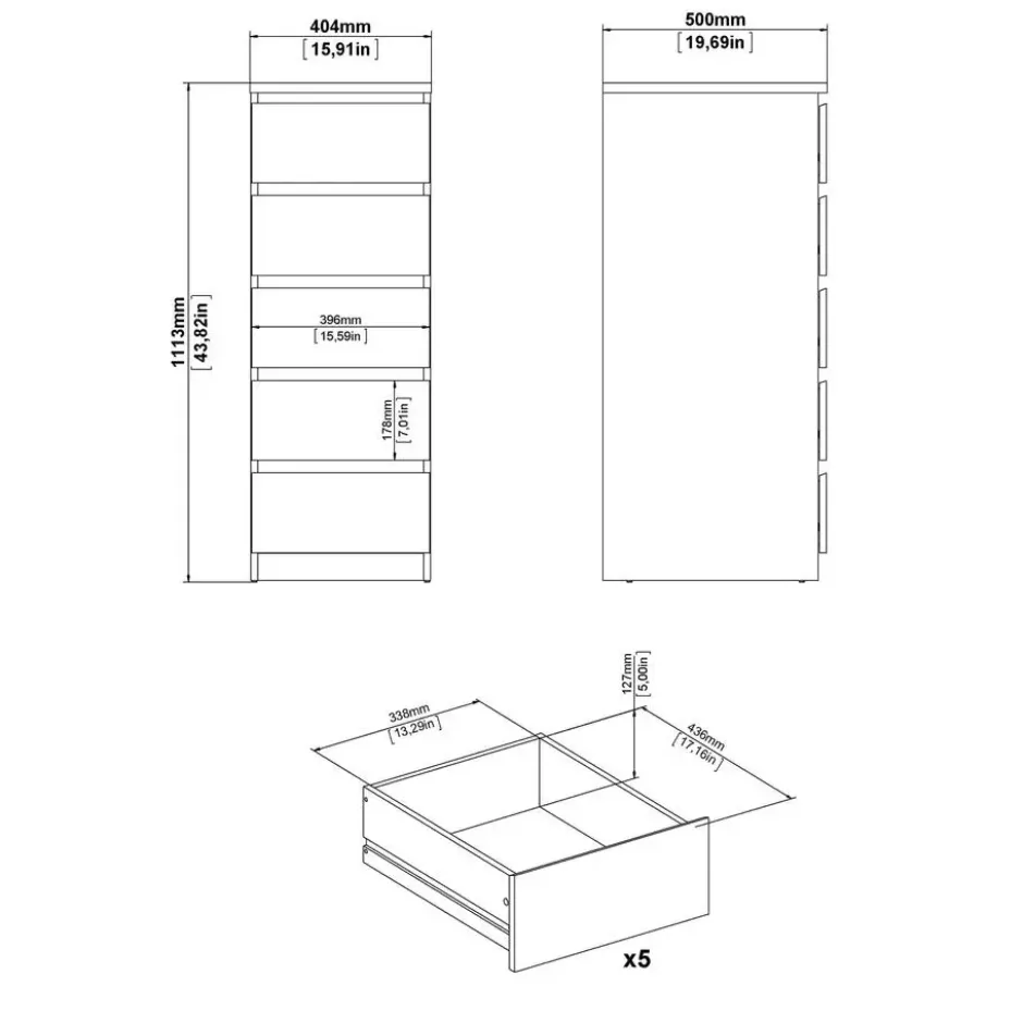 Ladekast Naia hoog 5 lades - hoogglans wit - 111,3x40,2x50 cm