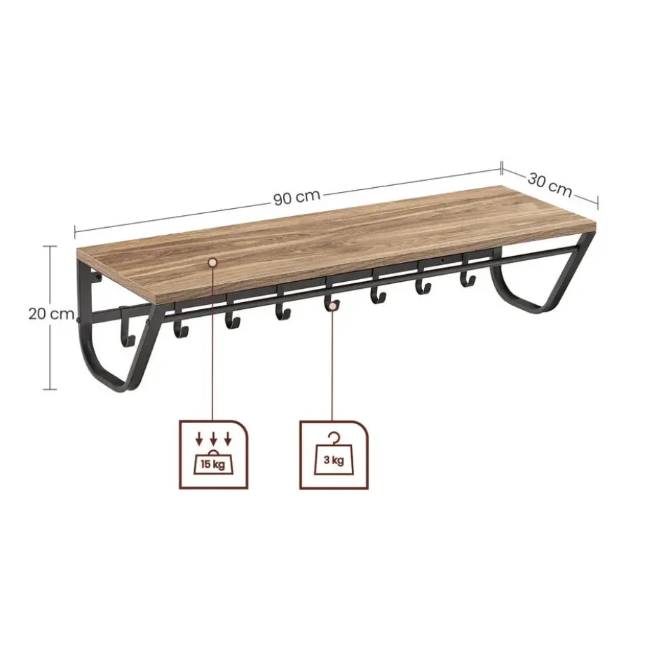 Lange Kapstok voor de Muur of Wand - 90 cm Lang - Essenhout bruin