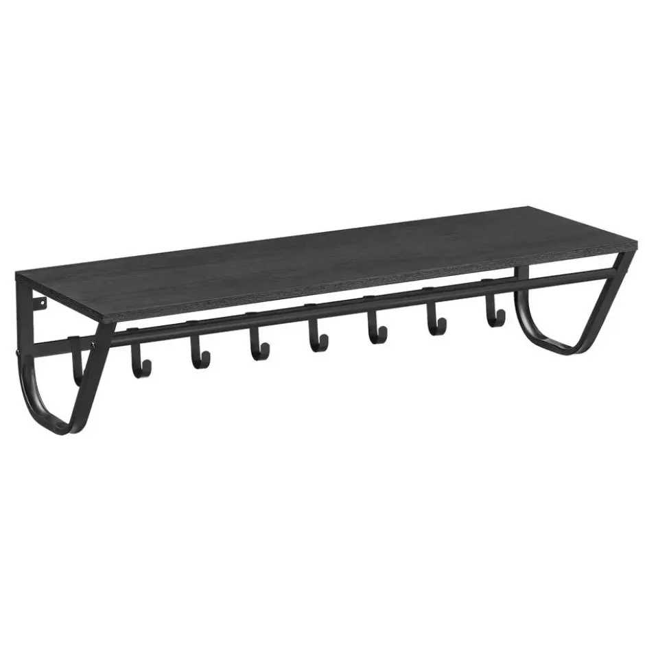 Lange Wandkapstok - 90 cm Lang, 8 Haken, Hoedenplank, Zwart