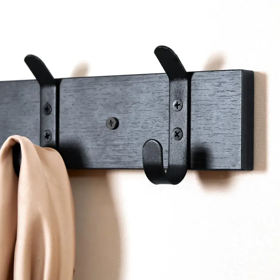 Lange wandkapstok - 8 zwarte haken - 88x6.5x1.5 cm - zwart