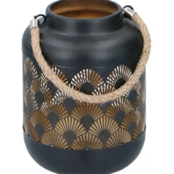 Lantaarn - waaier print - zwart - metaal - windlicht - 17 cm