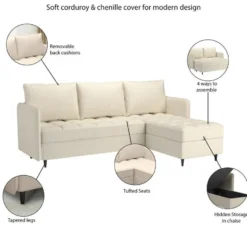Lindhus - Bank met chaise longue omkeerbaar in corduroy crème