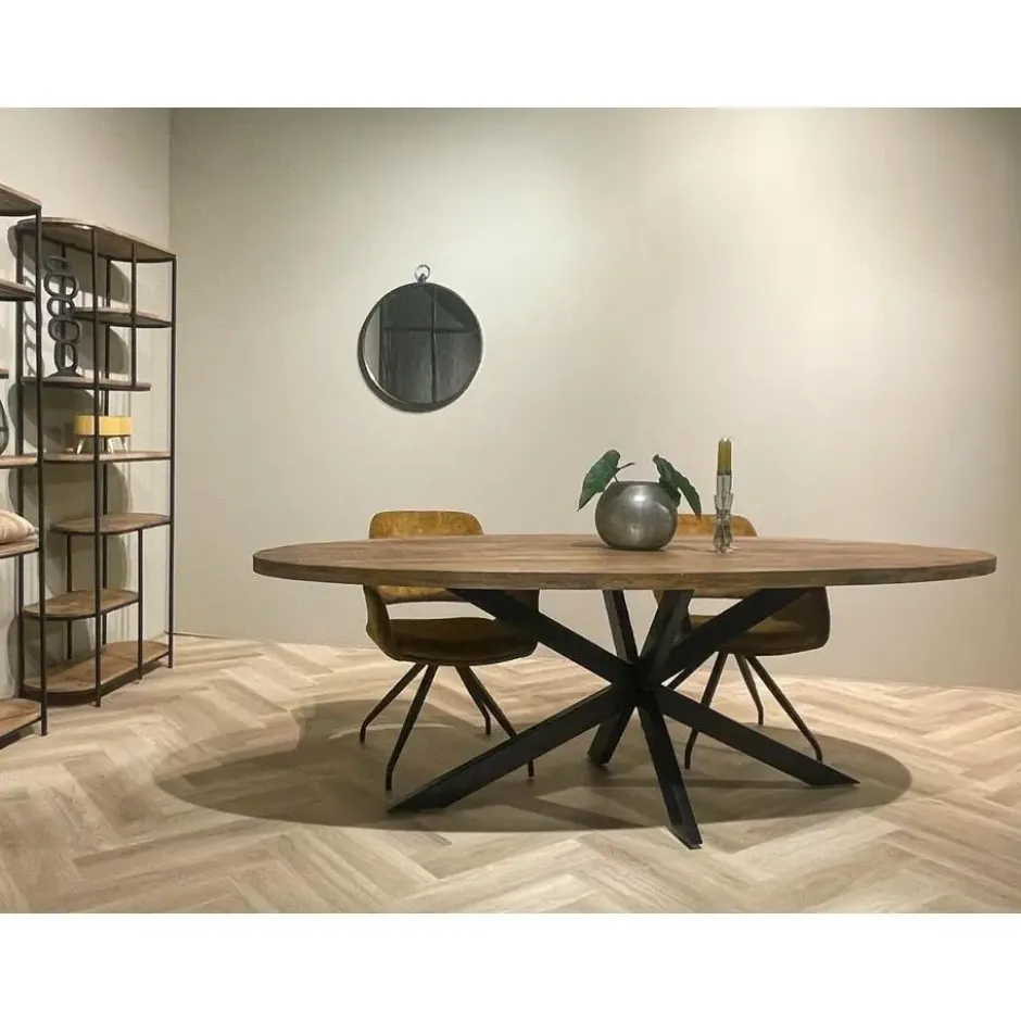 Livingfurn - Eetkamertafel Rocky Oval 240 cm - Mangohout / Gecoat Staal