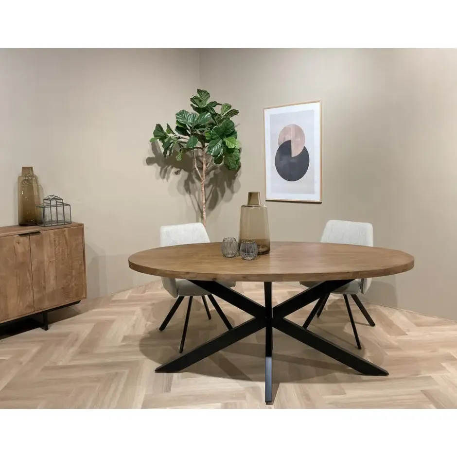 Livingfurn - Eetkamertafel Rocky Oval 240 cm - Mangohout / Gecoat Staal