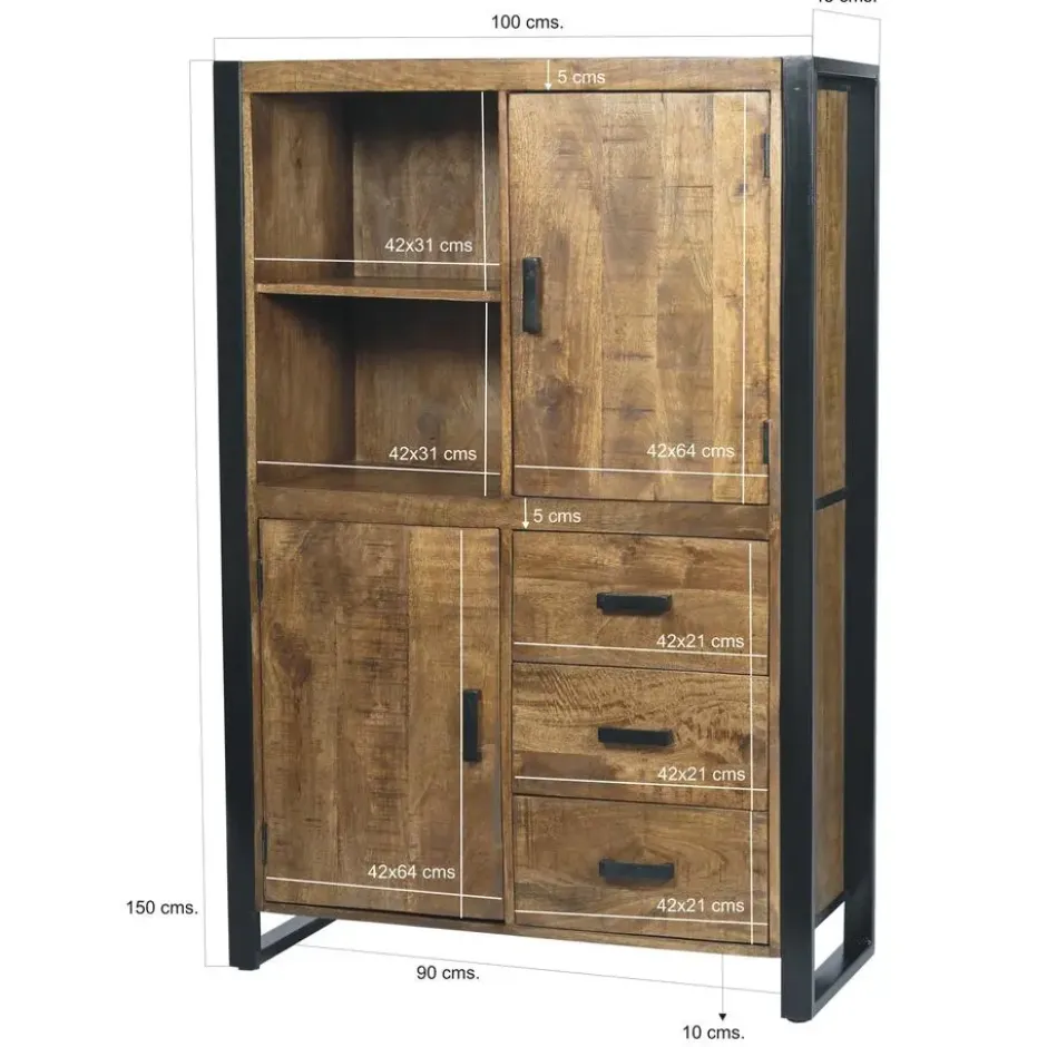 Livingfurn - Kabinetkast Nairobi - 43x100x150 - Mangohout en Gecoat Staal