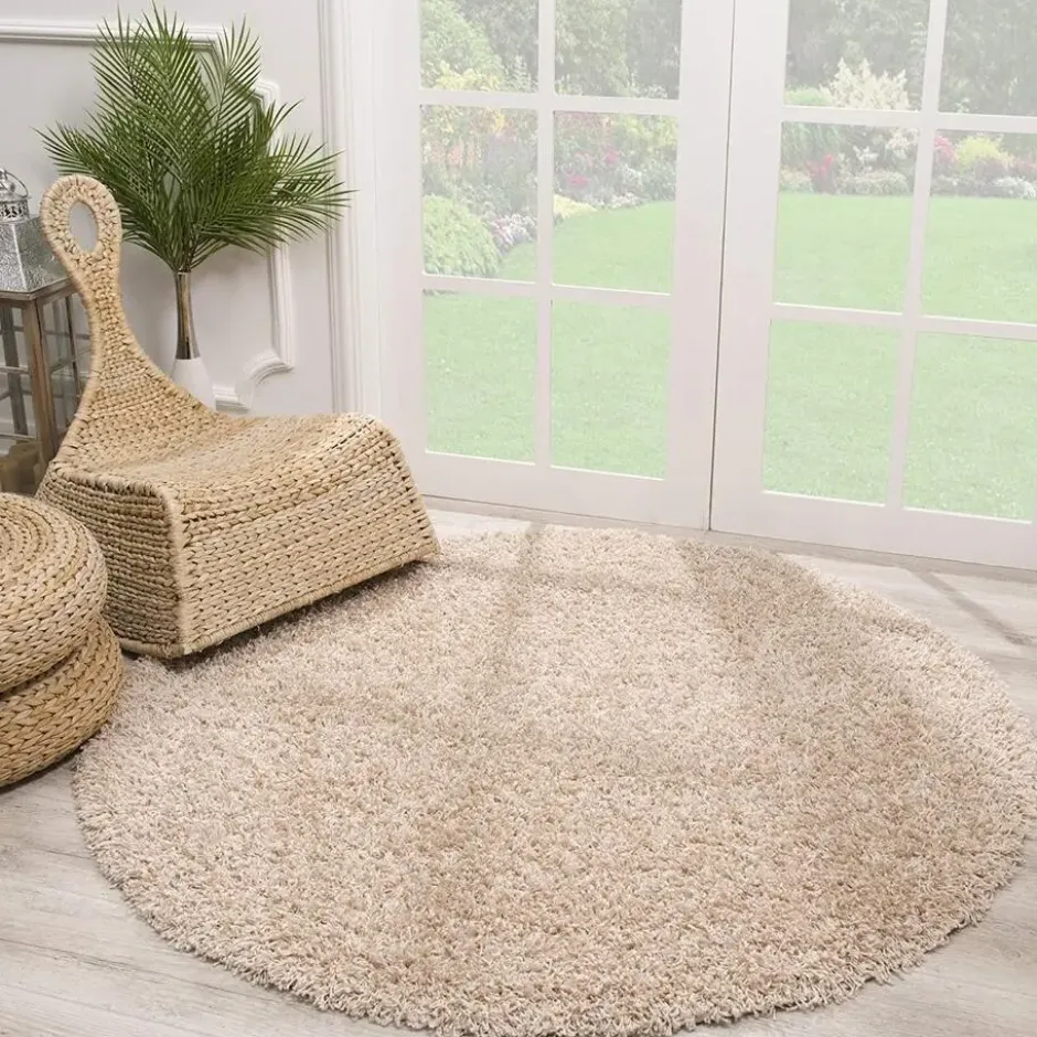 Loca Shaggy Rond Vloerkleed Hoogpolig Beige - 120 CM Ø