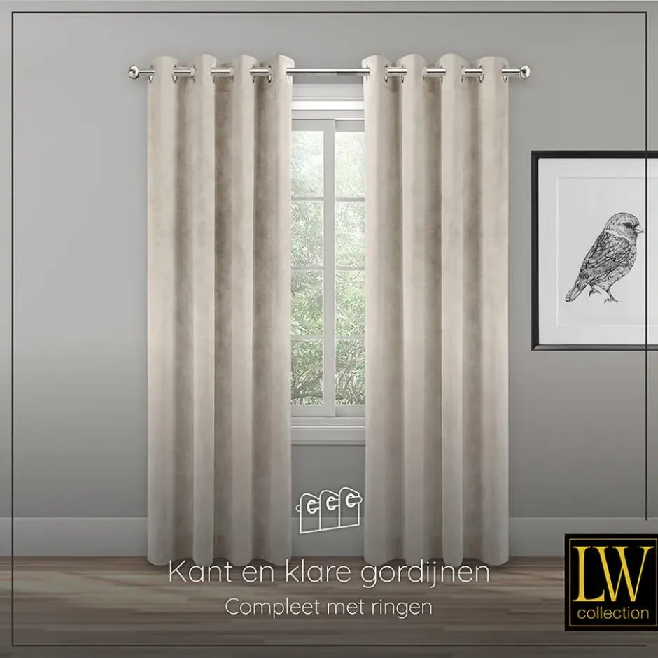 LW Collection Gordijnen Beige 245x290cm Velvet Kant en klaar 1 stuk