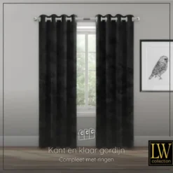 LW Collection Gordijnen Zwart 245x290cm Velvet Kant en klaar 1 stuk