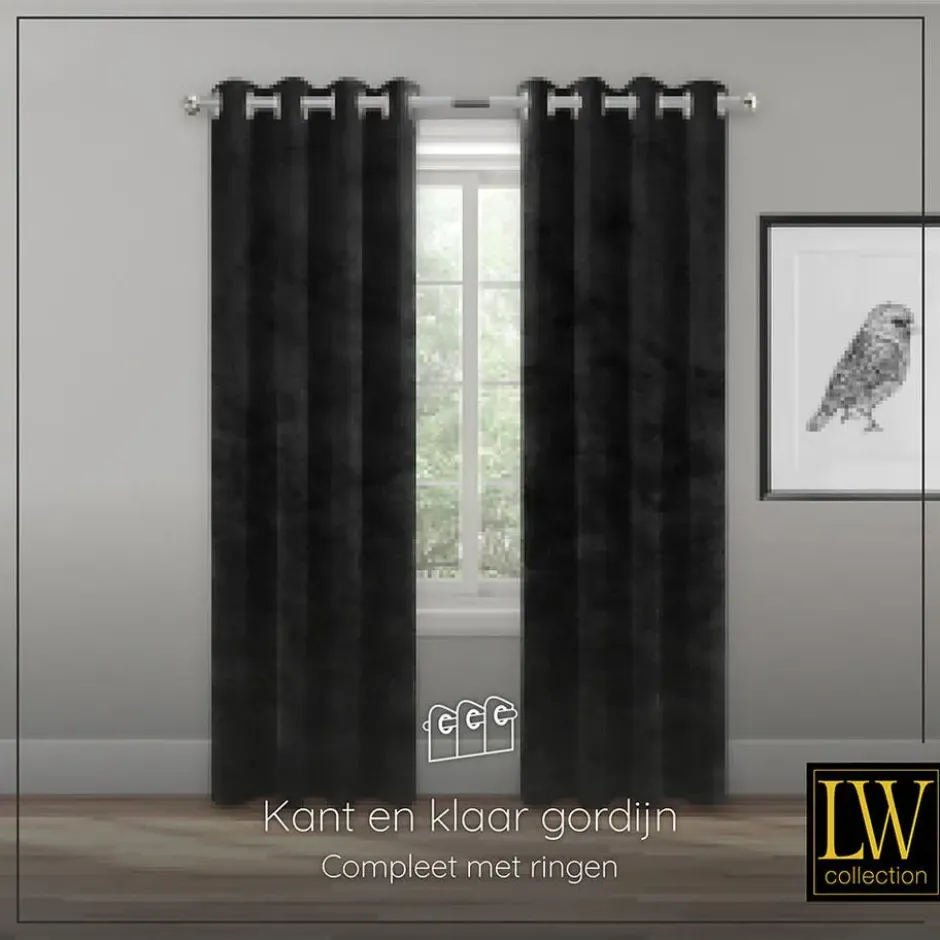 LW Collection Gordijnen Zwart 245x290cm Velvet Kant en klaar 1 stuk
