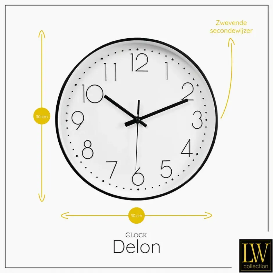LW Collection Keukenklok Delon zwart wit 30cm