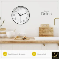 LW Collection Keukenklok Delon zwart wit 30cm
