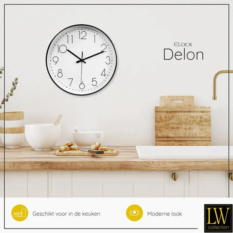 LW Collection Keukenklok Delon zwart wit 30cm