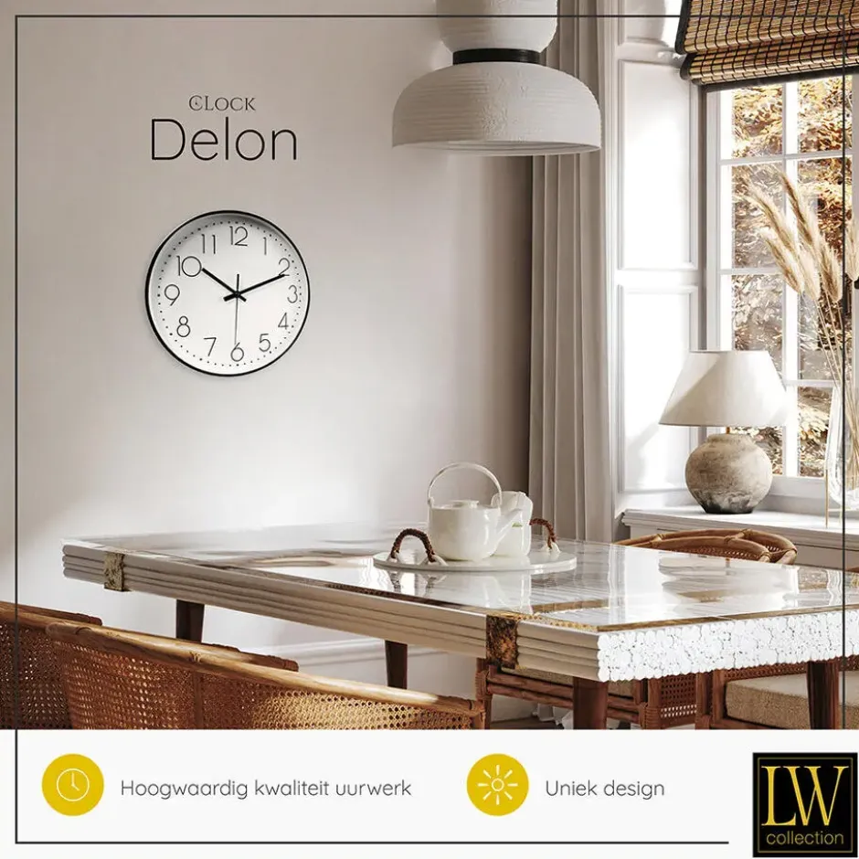 LW Collection Keukenklok Delon zwart wit 30cm