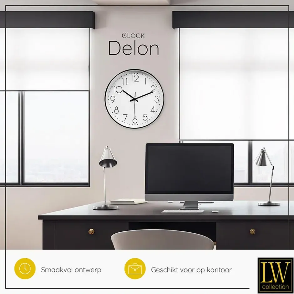 LW Collection Keukenklok Delon zwart wit 30cm