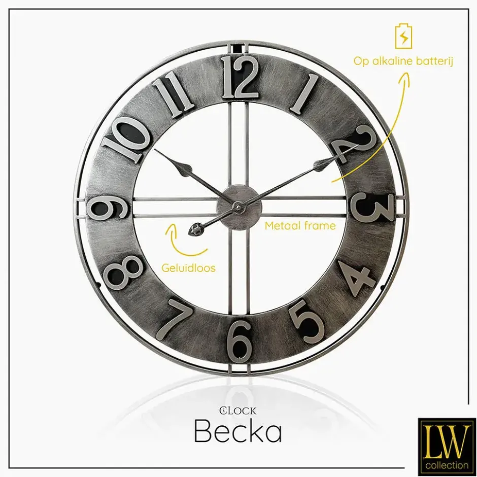 LW Collection Wandklok Becka grijs zilver 60cm