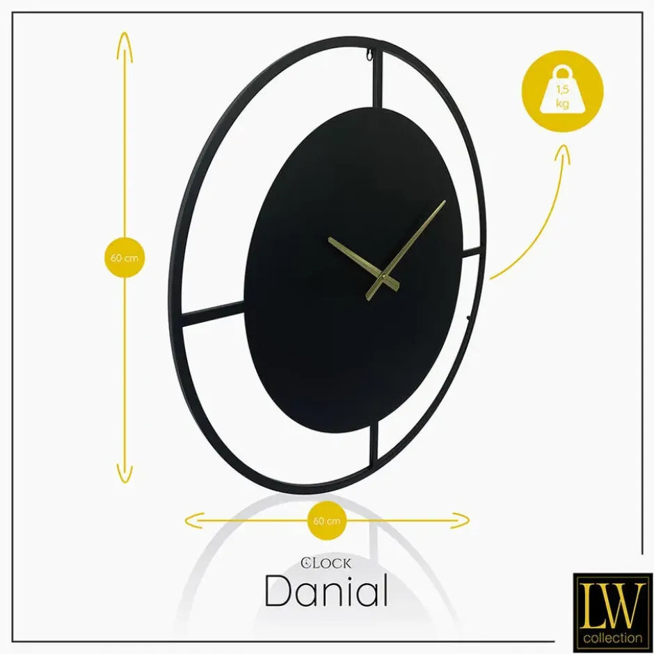 LW Collection Wandklok Danial zwart goud 60cm