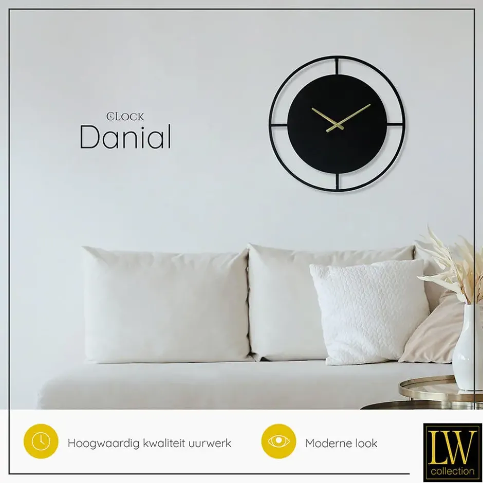 LW Collection Wandklok Danial zwart goud 60cm
