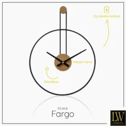LW Collection Wandklok Fargo zwart 55cm